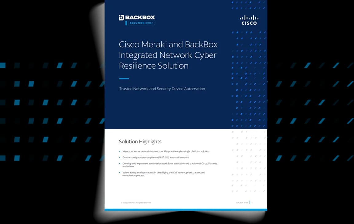 Cover for the Unlock Unified Network Visibility and Compliance with BackBox and Cisco Meraki solution brief