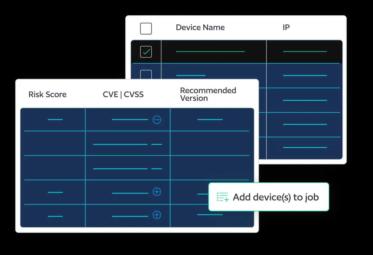 Two overlapping white panels on a dark blue grid show risk scoring and CVE/CVSS data, with an 'Add device(s) to job' tooltip/button.