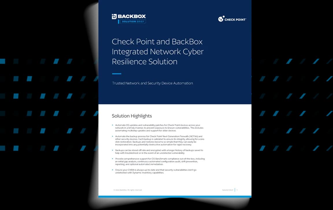 Cover image for the Check Point and BackBox Integrated Network Cyber Resilience Solution Solution Brief