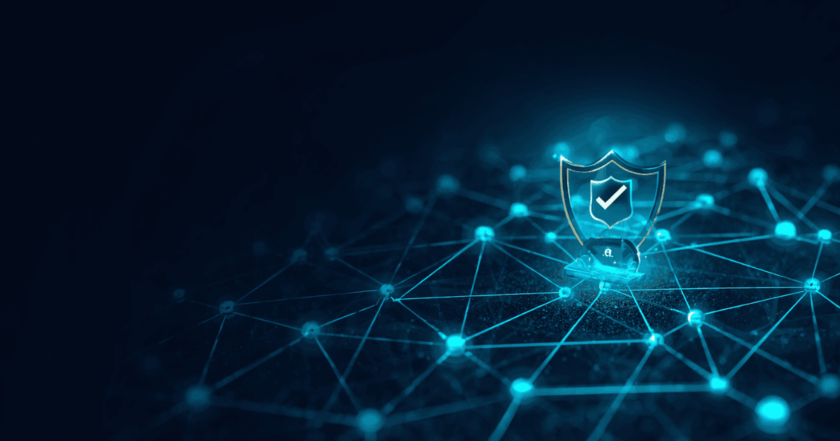 Abstract digital illustration of a glowing blue network grid with interconnected nodes, symbolizing trustworthy AI in network infrastructure and cybersecurity.