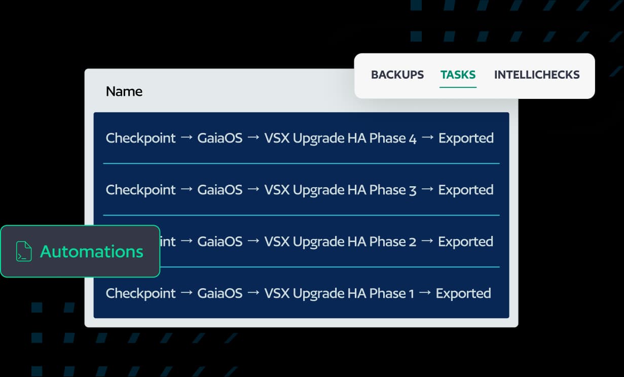 UI dashboard card showing upgrade checkpoints for GaiaOS VSX with a highlighted Tasks tab and an Automations badge on the left.